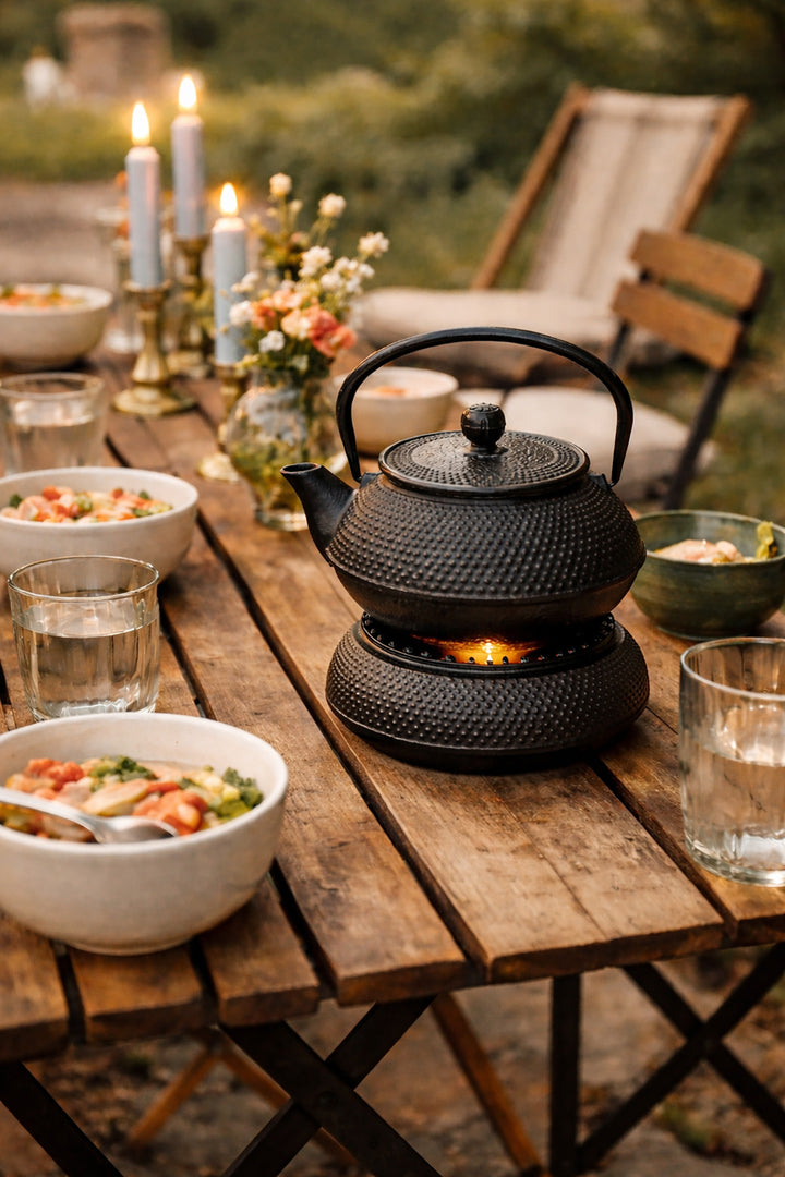 Cast iron teapot including heater